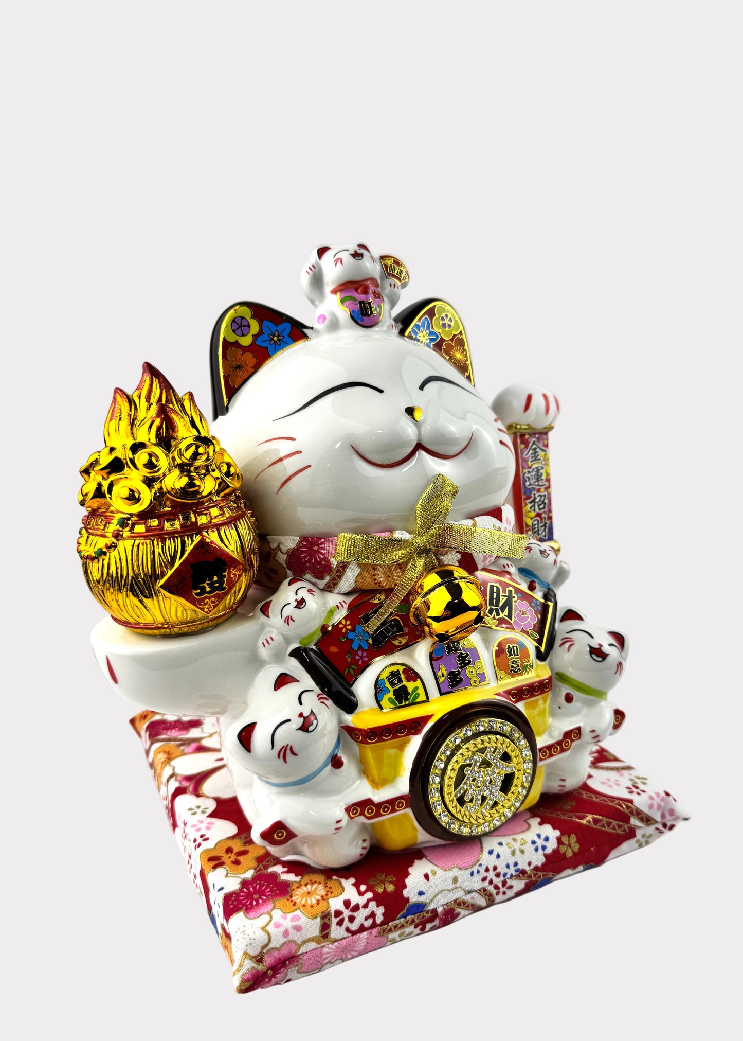 Lucky Money Cat with Flaming Wealth Bucket – Porcelain – Battery & DC Powered Fortune Figurine