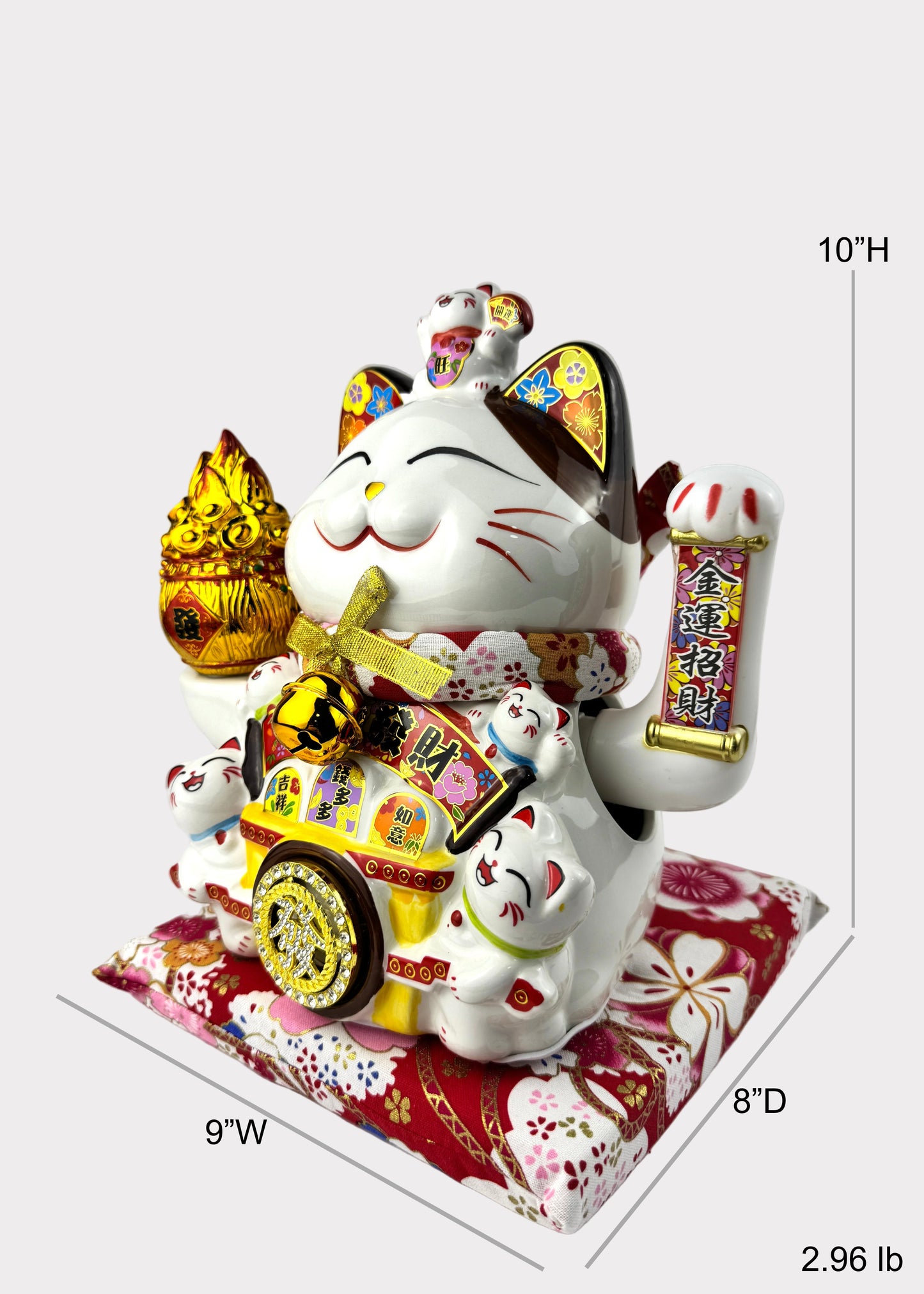 Lucky Money Cat with Flaming Wealth Bucket – Porcelain – Battery & DC Powered Fortune Figurine