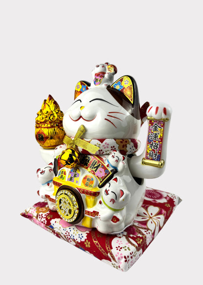 Lucky Money Cat with Flaming Wealth Bucket – Porcelain – Battery & DC Powered Fortune Figurine