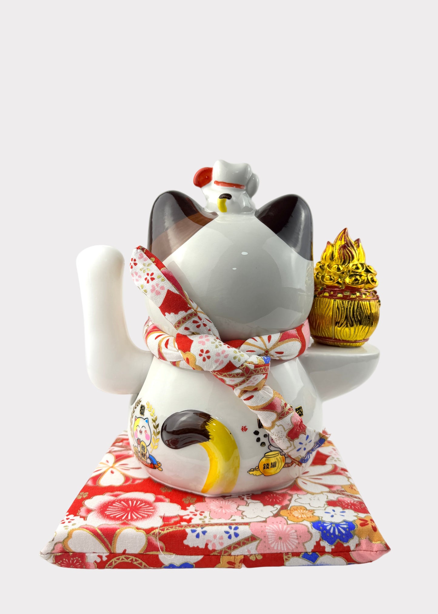 Lucky Money Cat with Flaming Wealth Bucket – Porcelain – Battery & DC Powered Fortune Figurine