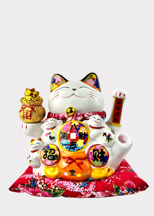 Lucky Money Cat with Gold Bag – Porcelain – Battery & Plug Powered Fortune Figurine