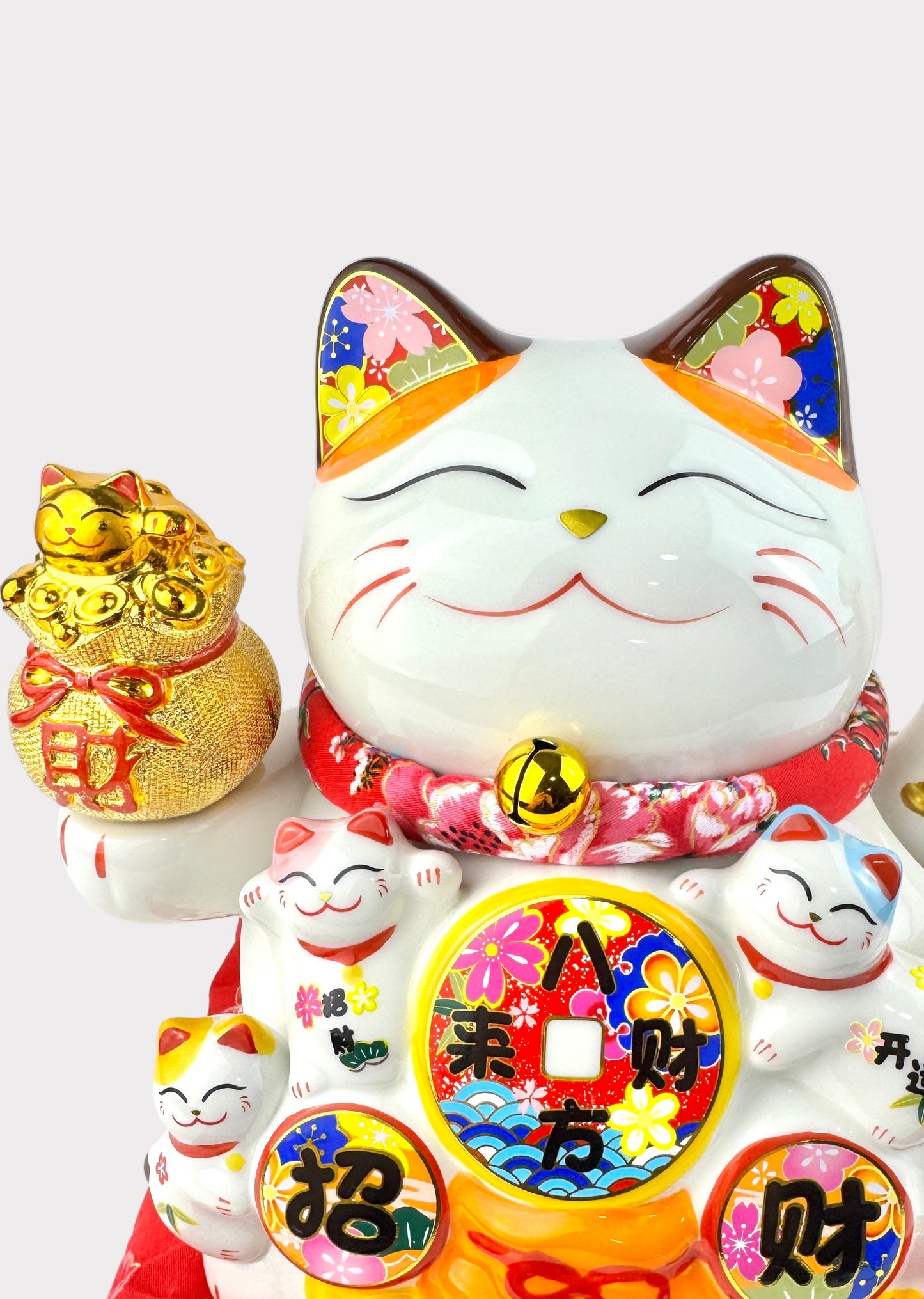Lucky Money Cat with Gold Bag – Porcelain – Battery & Plug Powered Fortune Figurine