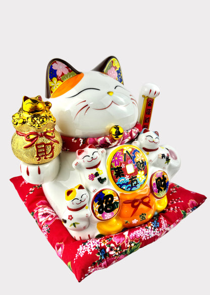 Lucky Money Cat with Gold Bag – Porcelain – Battery & Plug Powered Fortune Figurine