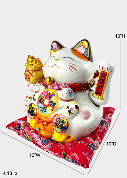 Lucky Money Cat with Gold Bag – Porcelain – Battery & Plug Powered Fortune Figurine