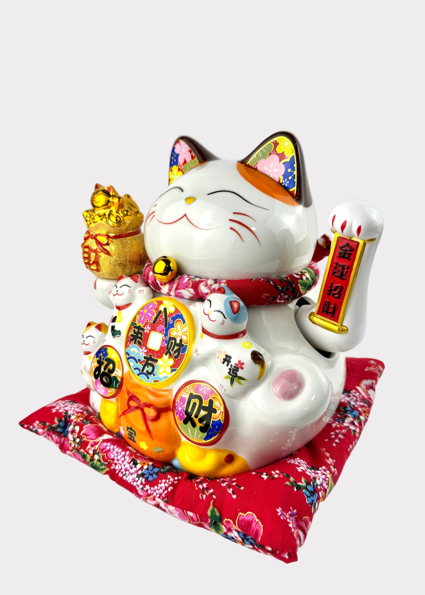 Lucky Money Cat with Gold Bag – Porcelain – Battery & Plug Powered Fortune Figurine
