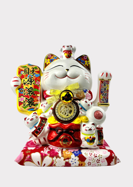 Lucky Money Cat Holding Wealth Banner – Porcelain – Battery or Plug-In