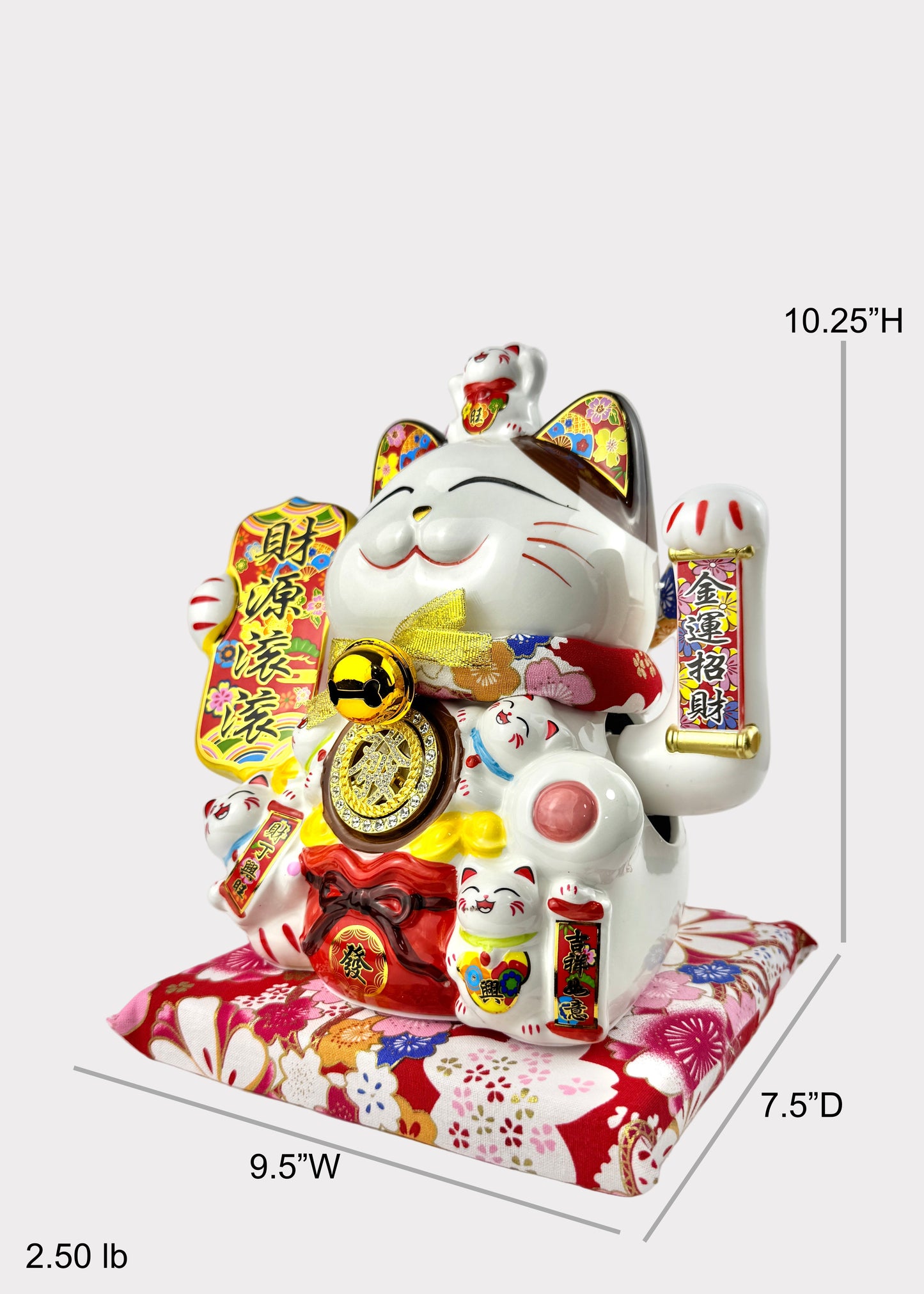 Lucky Money Cat Holding Wealth Banner – Porcelain – Battery or Plug-In