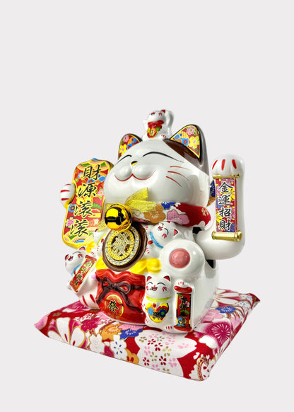 Lucky Money Cat Holding Wealth Banner – Porcelain – Battery or Plug-In
