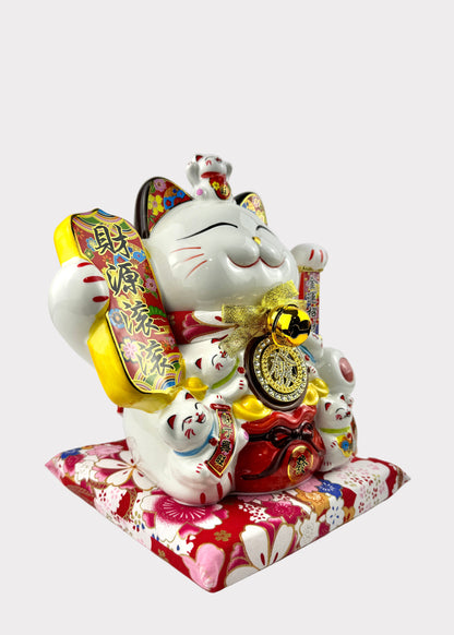 Lucky Money Cat Holding Wealth Banner – Porcelain – Battery or Plug-In