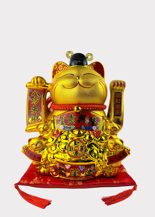 Golden Money Cat Figurine – Wealth God Hat – Battery or Plug-In