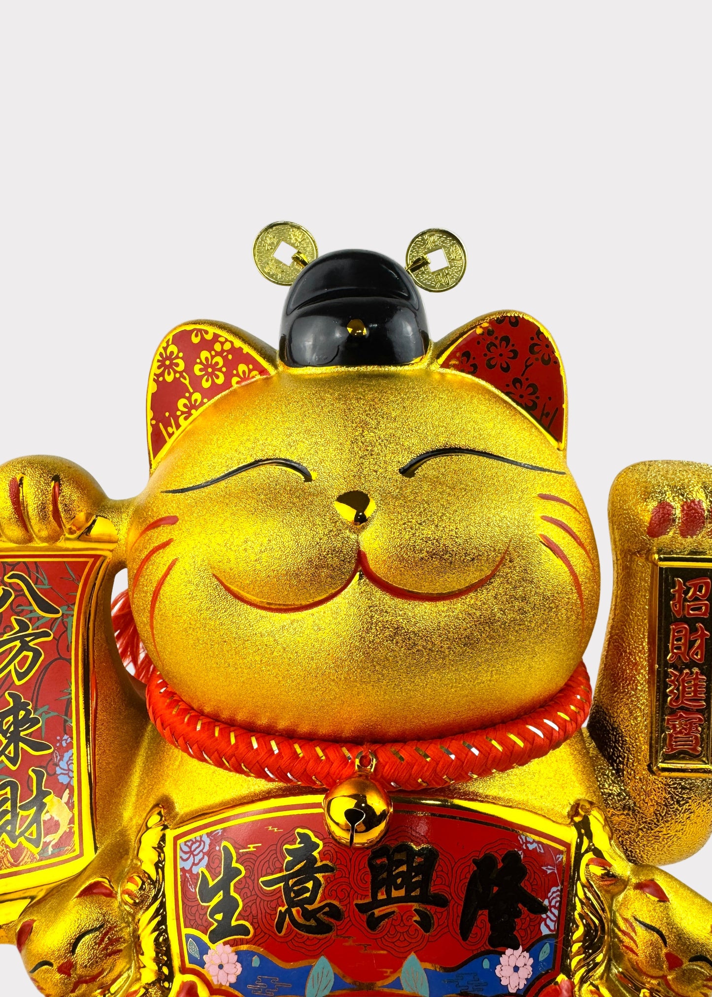Golden Money Cat Figurine – Wealth God Hat – Battery or Plug-In