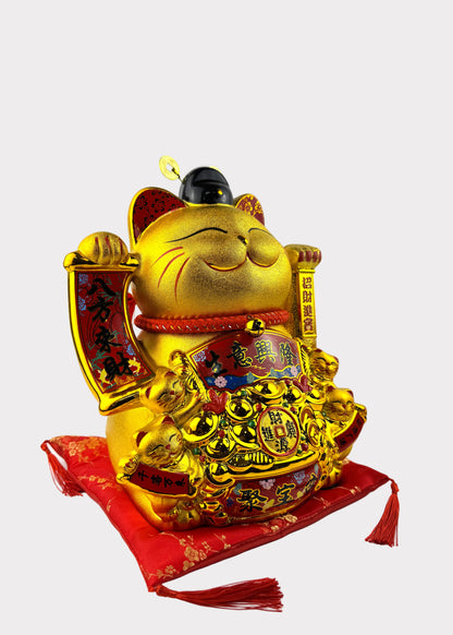 Golden Money Cat Figurine – Wealth God Hat – Battery or Plug-In