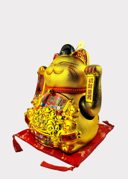Golden Money Cat Figurine – Wealth God Hat – Battery or Plug-In