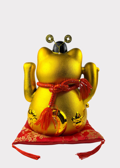 Golden Money Cat Figurine – Wealth God Hat – Battery or Plug-In