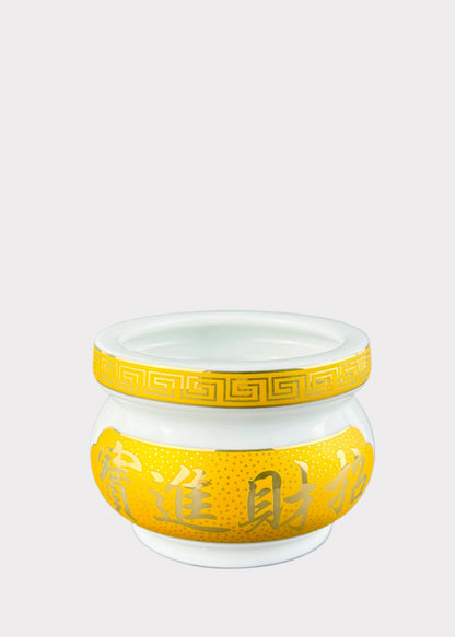 Prosperity Script White – Incense Holder Pot with Yellow Band – Ceramic