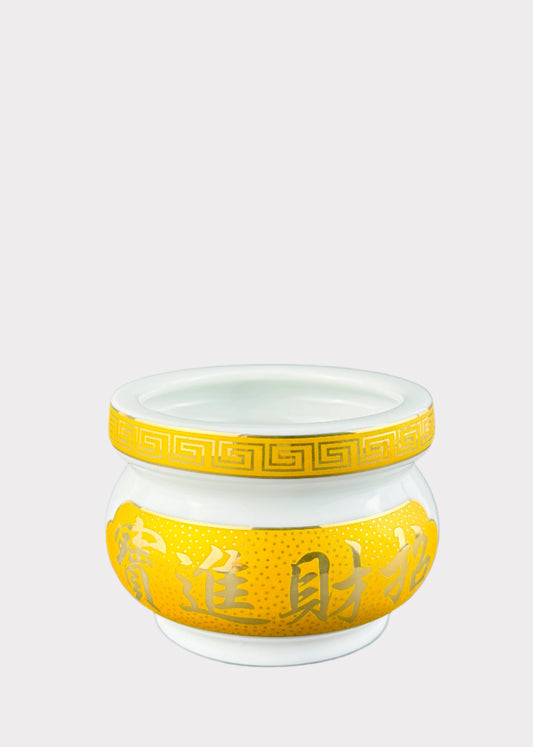 Prosperity Script White – Incense Holder Pot with Yellow Band – Ceramic