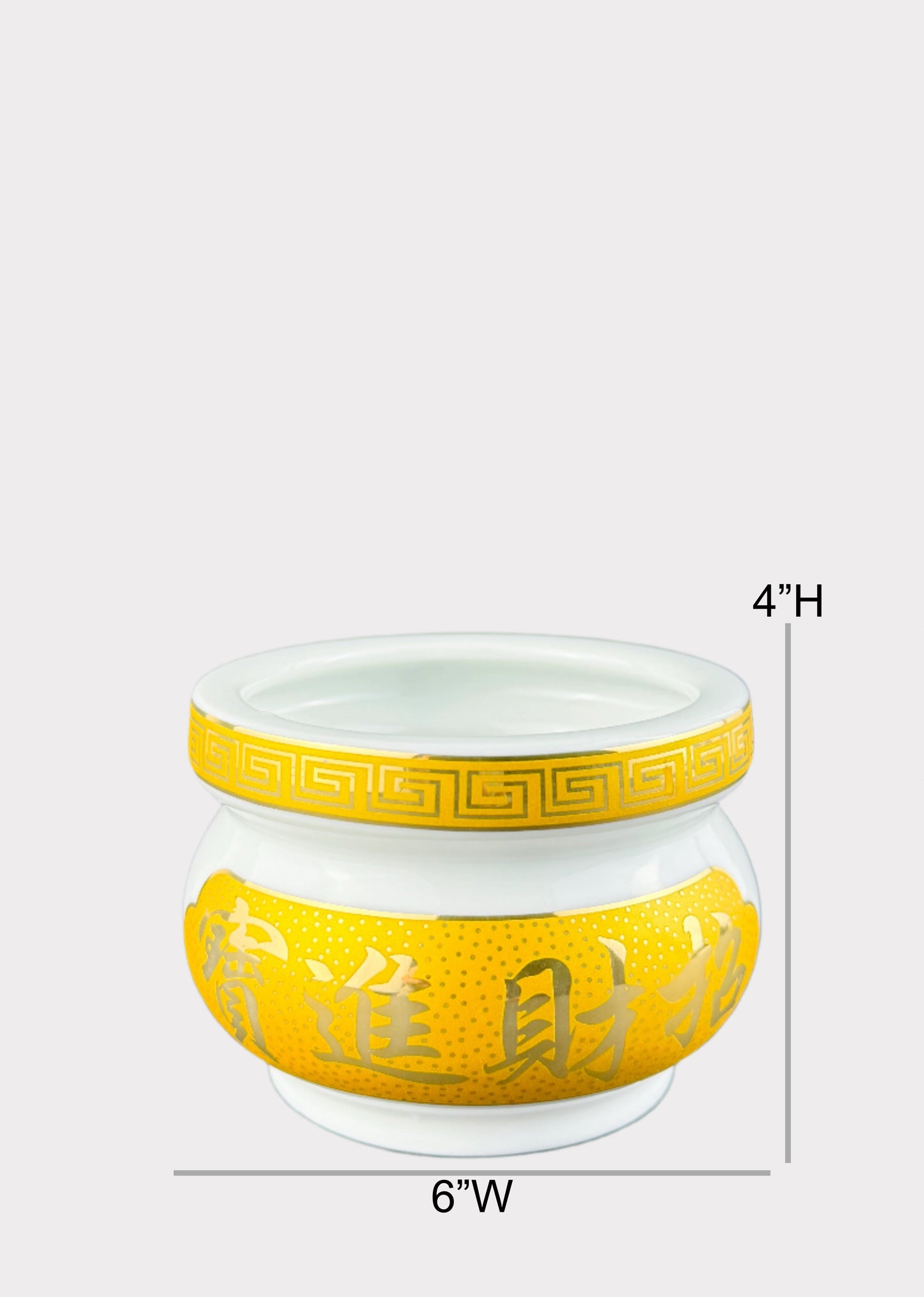 Prosperity Script White – Incense Holder Pot with Yellow Band – Ceramic