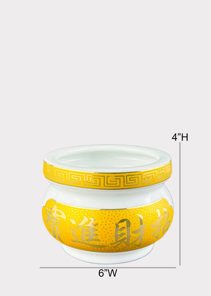 Prosperity Script White – Incense Holder Pot with Yellow Band – Ceramic