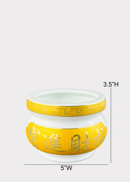Prosperity Script White – Incense Holder Pot with Yellow Band – Ceramic