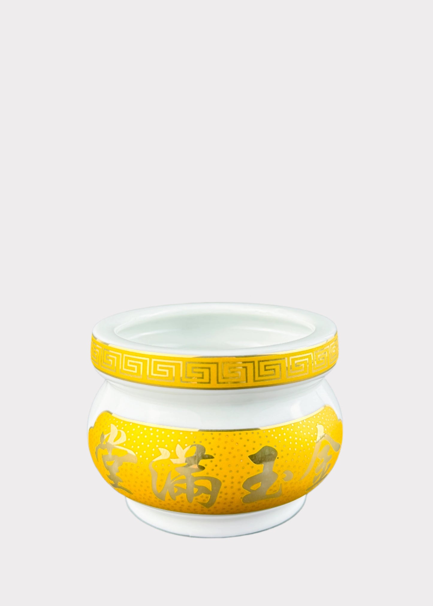 Prosperity Script White – Incense Holder Pot with Yellow Band – Ceramic