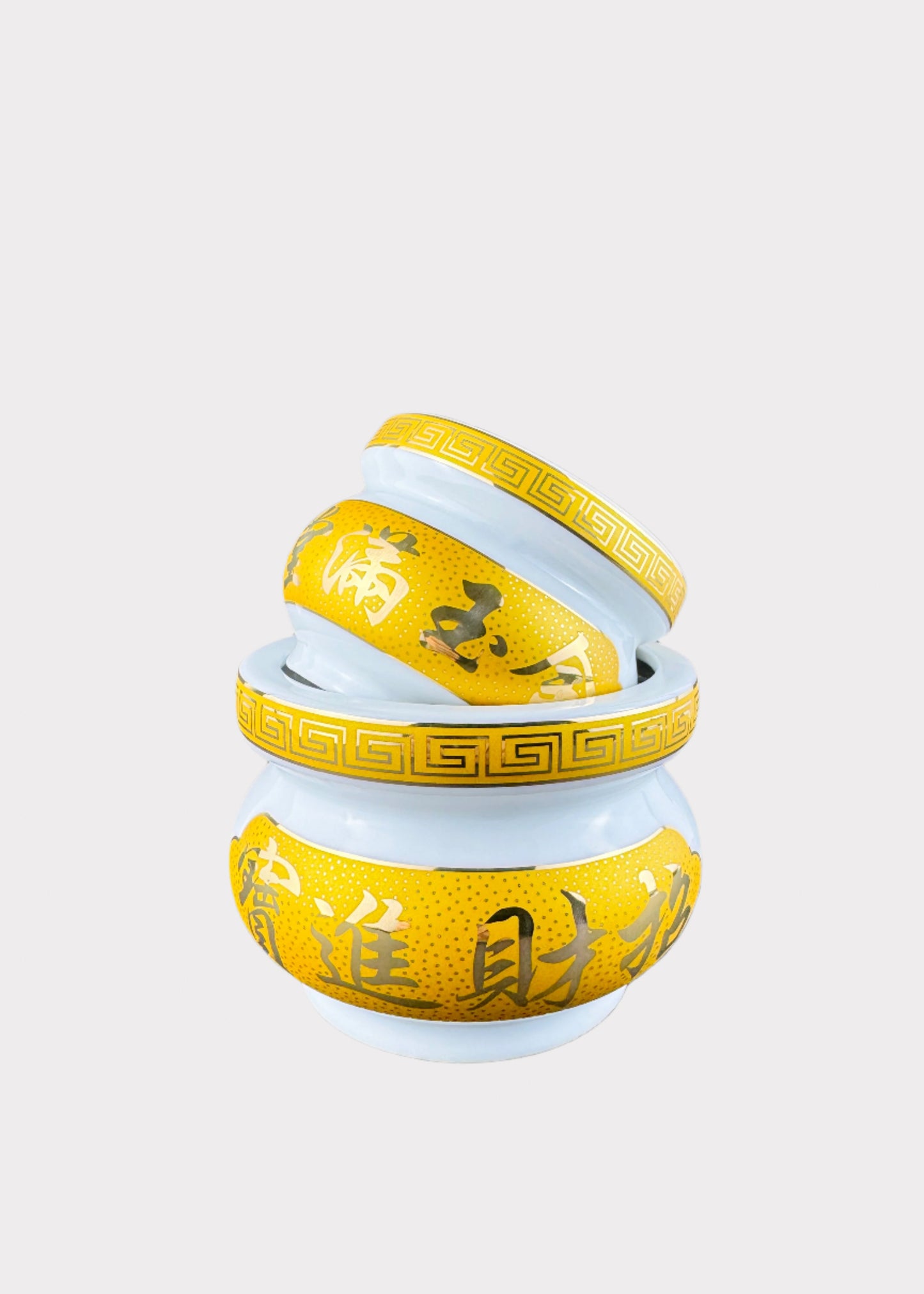 Prosperity Script White – Incense Holder Pot with Yellow Band – Ceramic