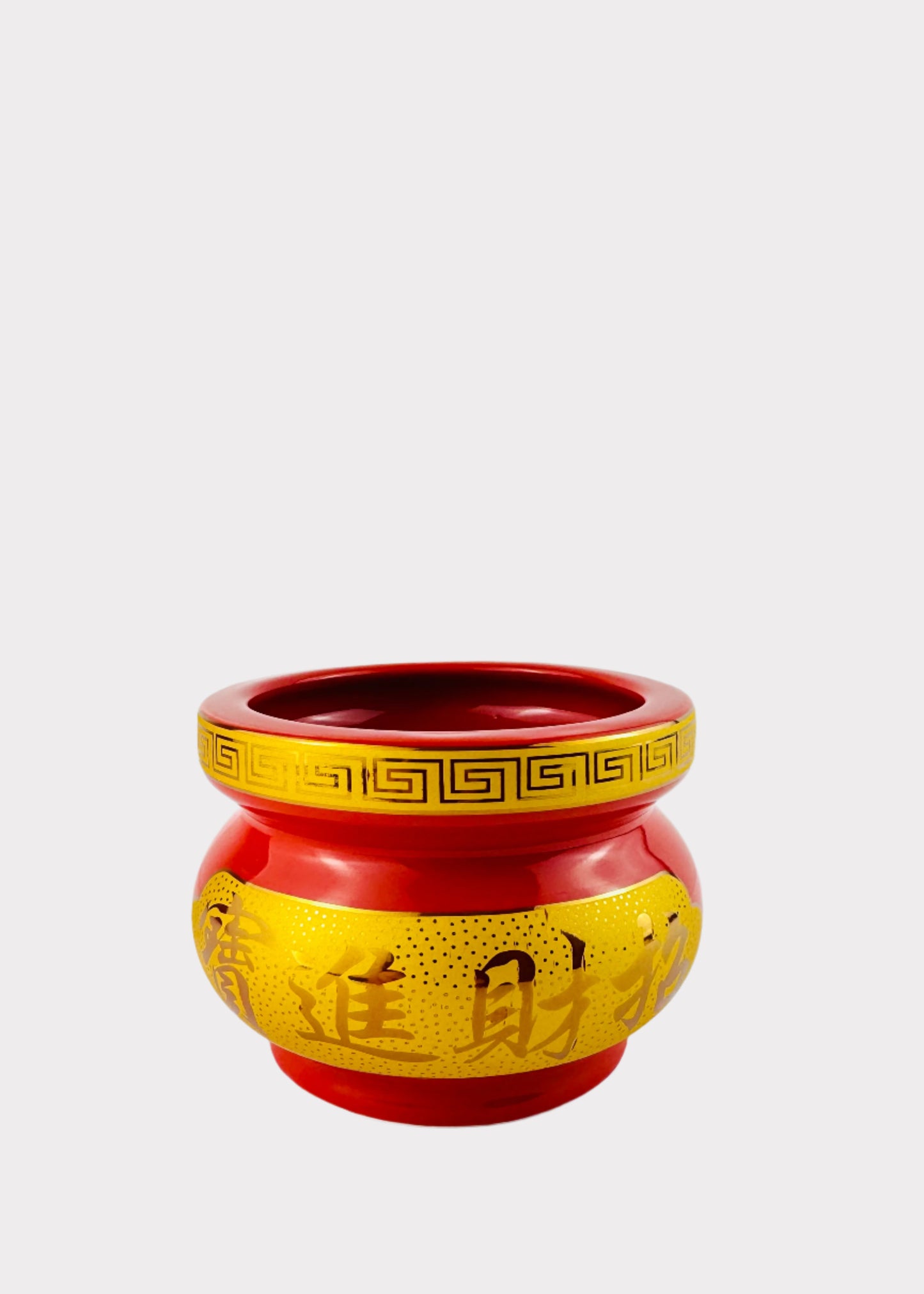 Prosperity Script Red – Incense Holder Pot with Yellow Band – Ceramic