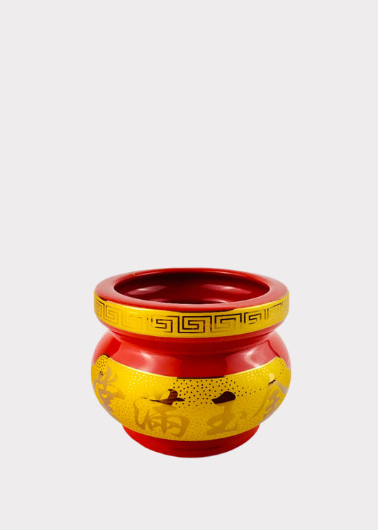 Prosperity Script Red – Incense Holder Pot with Yellow Band – Ceramic