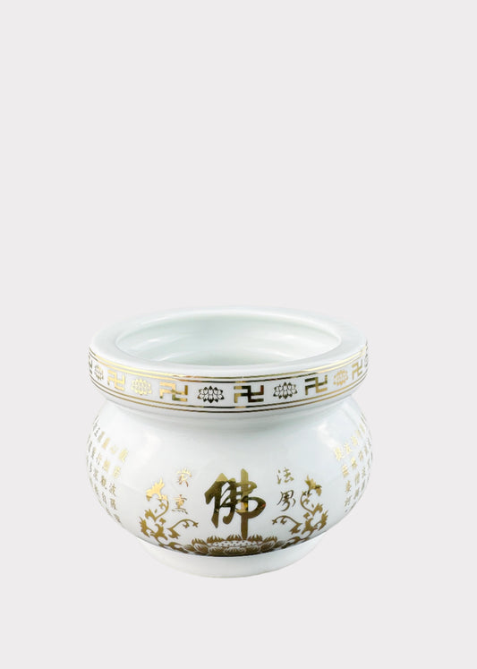 White Buddha Sutra – Incense Holder Pot with Gold Rim – Ceramic