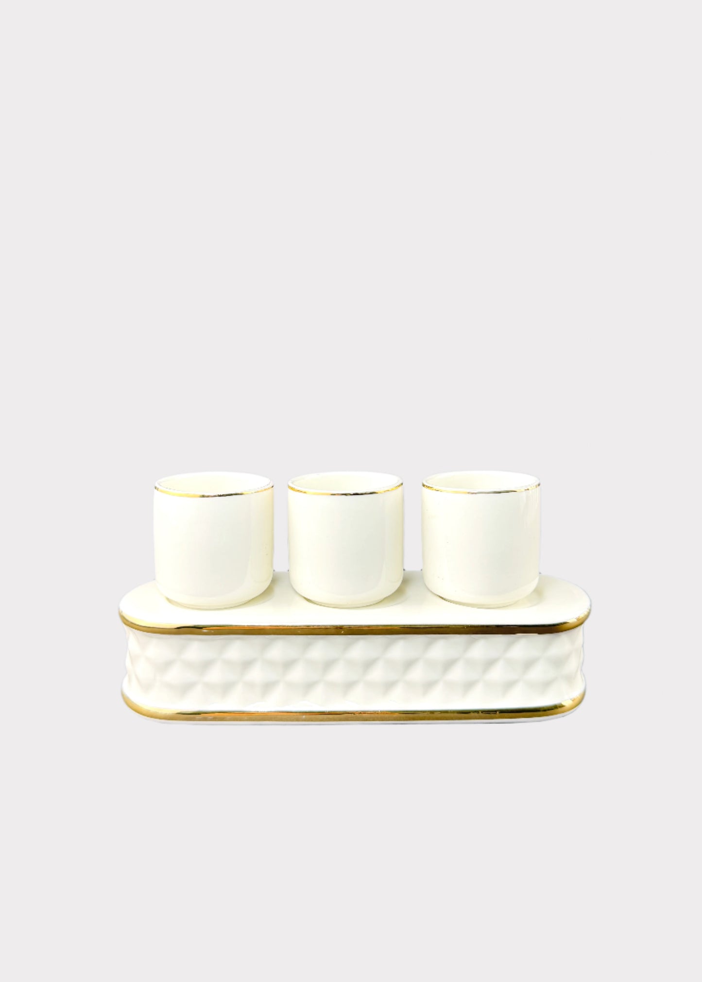 White Quilted-Band Altar Offering Cups Set - Porcelain Tray - Gold Rim - 3 Cups
