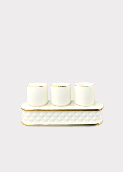 White Quilted-Band Altar Offering Cups Set - Porcelain Tray - Gold Rim - 3 Cups
