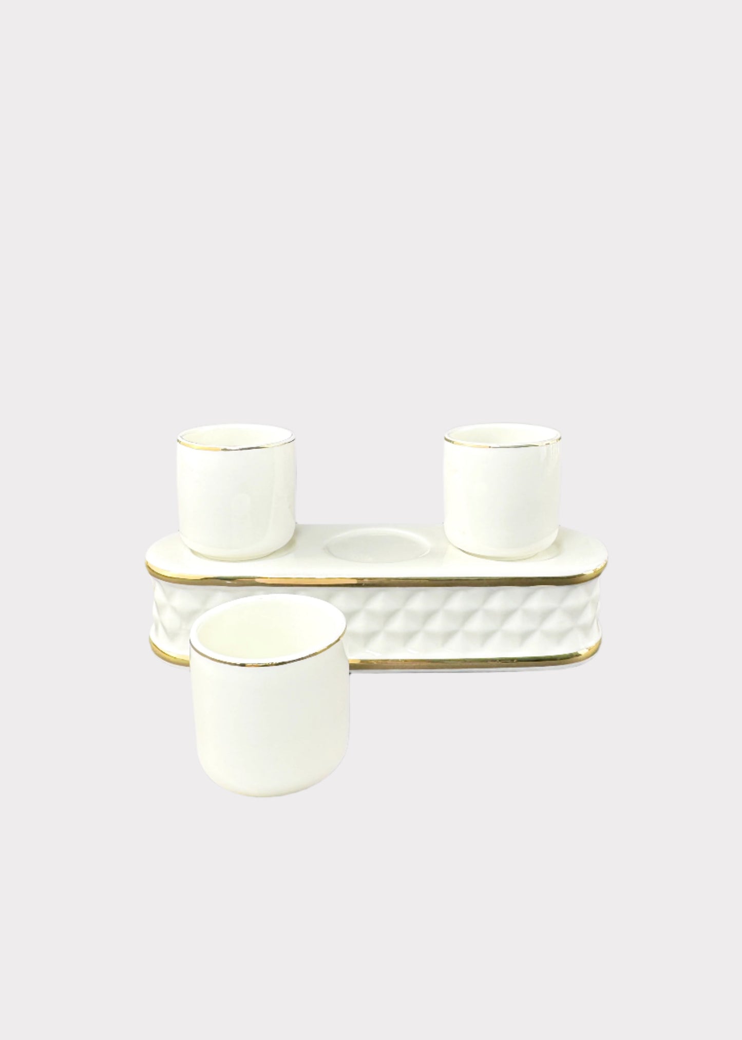 White Quilted-Band Altar Offering Cups Set - Porcelain Tray - Gold Rim - 3 Cups