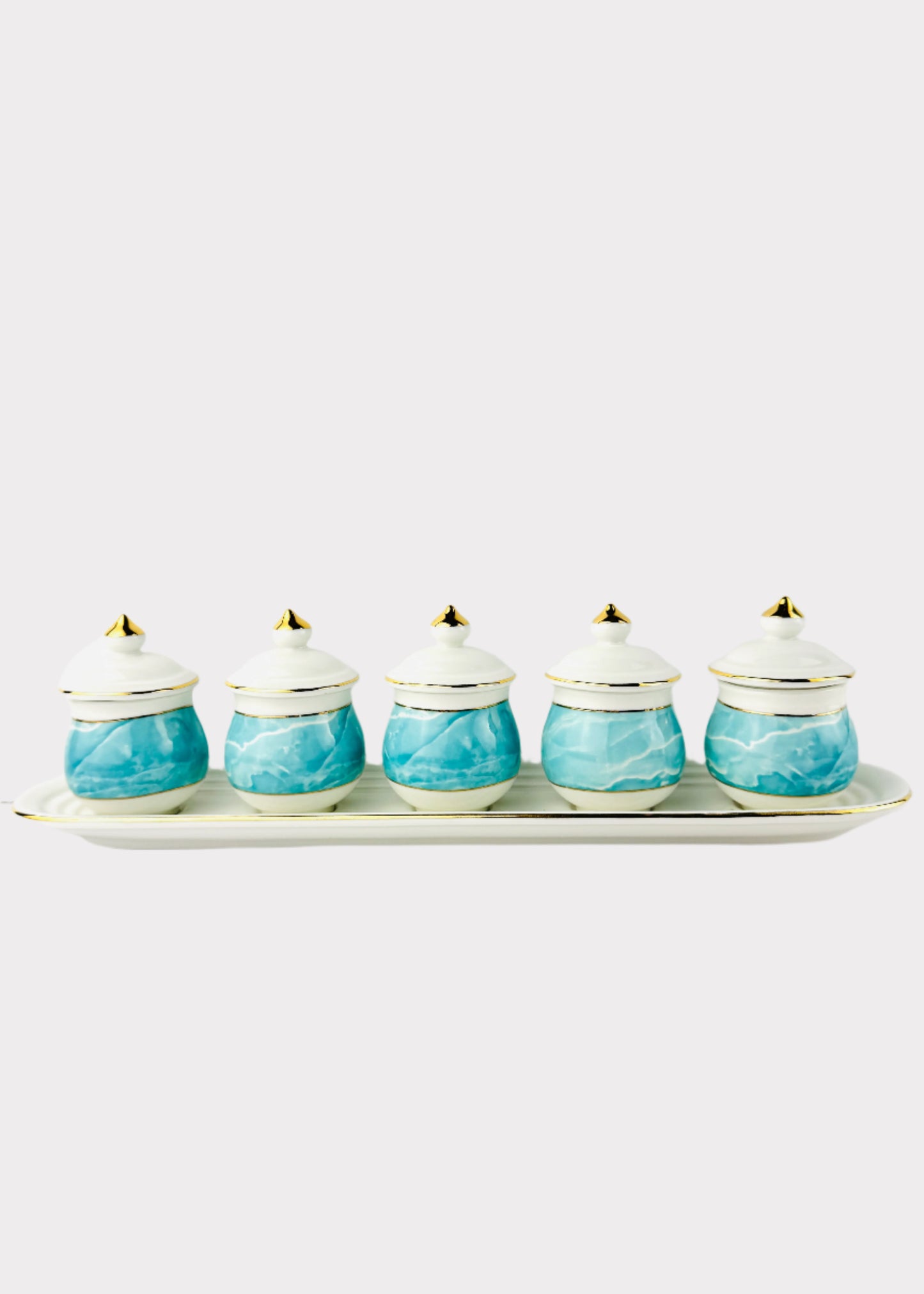 Blue Marble Covered Offering Cups Set - 5 Cups - Oval Tray - Gold Rim