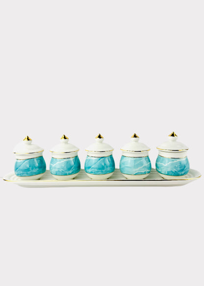 Blue Marble Covered Offering Cups Set - 5 Cups - Oval Tray - Gold Rim