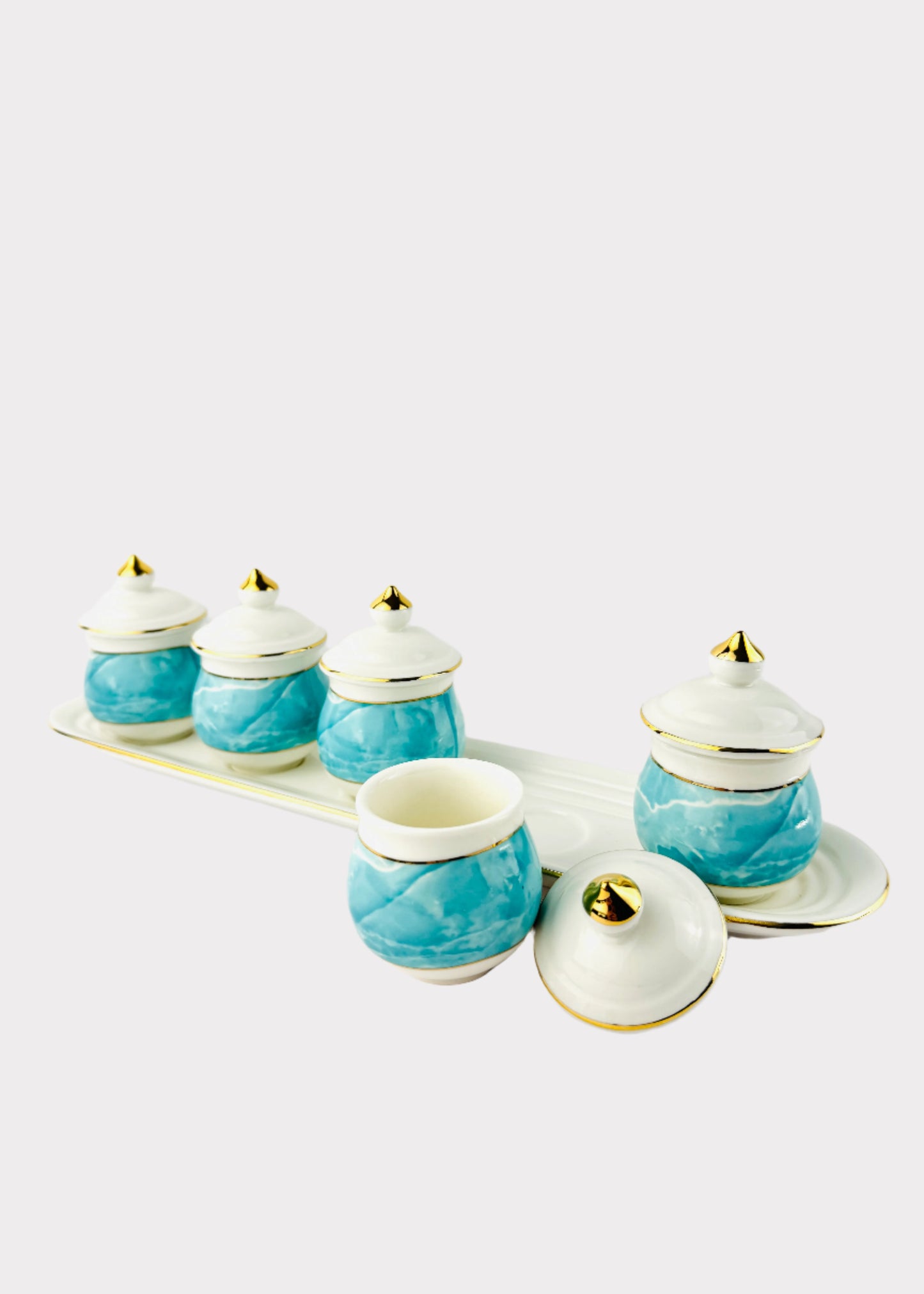 Blue Marble Covered Offering Cups Set - 5 Cups - Oval Tray - Gold Rim