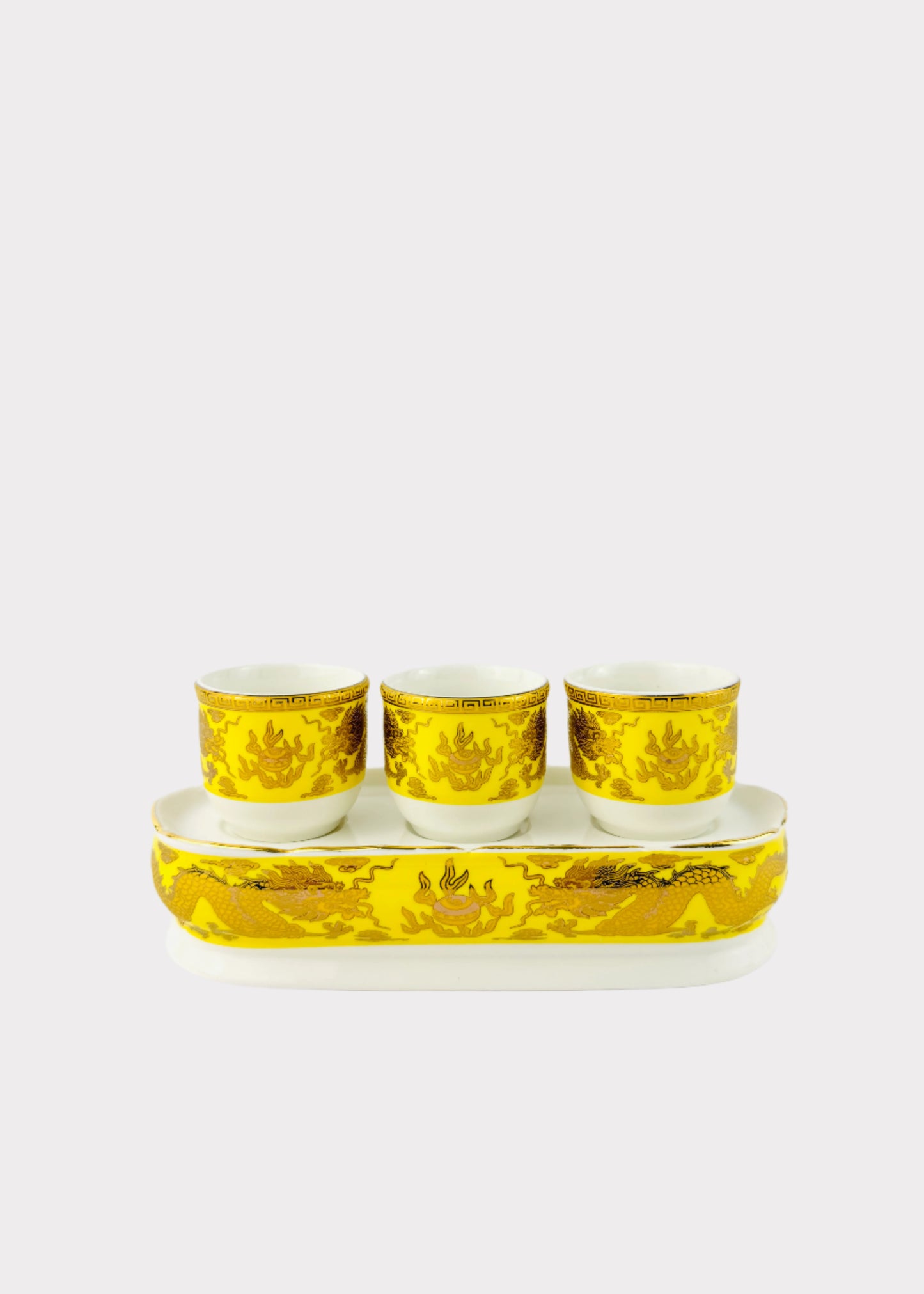Imperial Yellow Dragon Offering Cups Set - Porcelain Tray - Gold Accents - 3 Cups