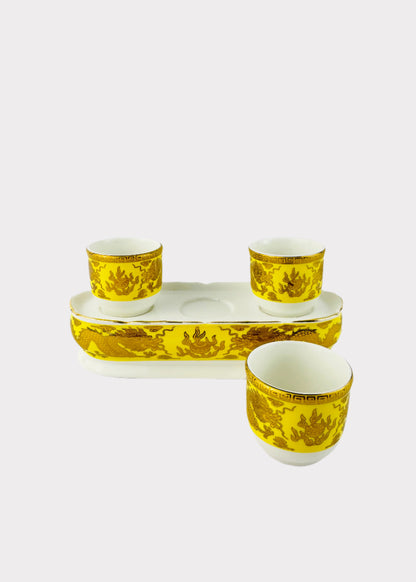 Imperial Yellow Dragon Offering Cups Set - Porcelain Tray - Gold Accents - 3 Cups