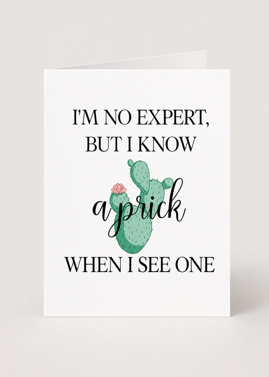 Card with a cactus illustration and humorous text on a white background