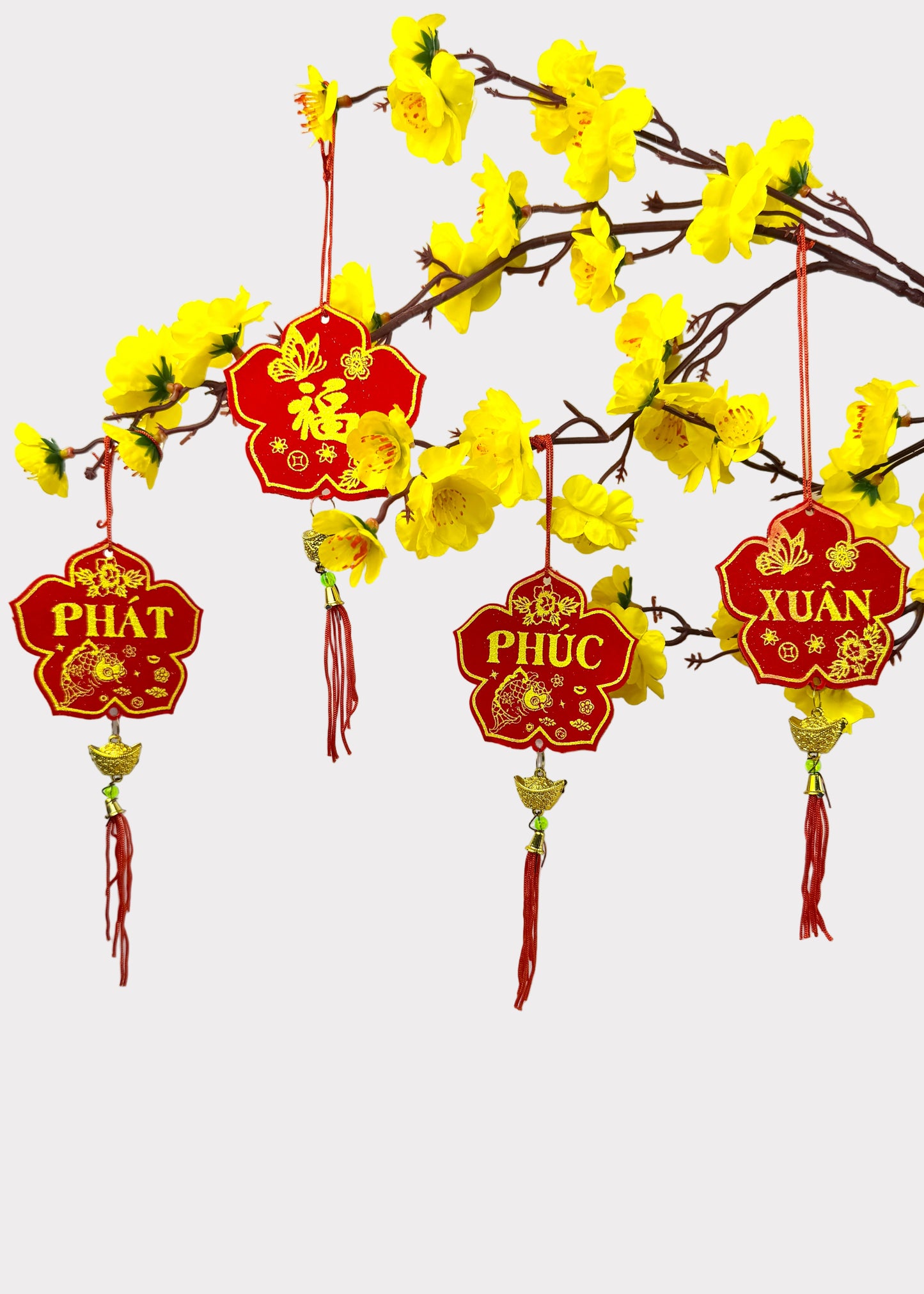 Red Felt Gold Blossom Hanging Ornaments – Lunar New Year (5 Count)