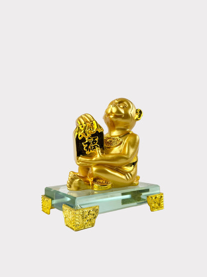 Golden Chinese Zodiac Monkey Figurine – Glass Base