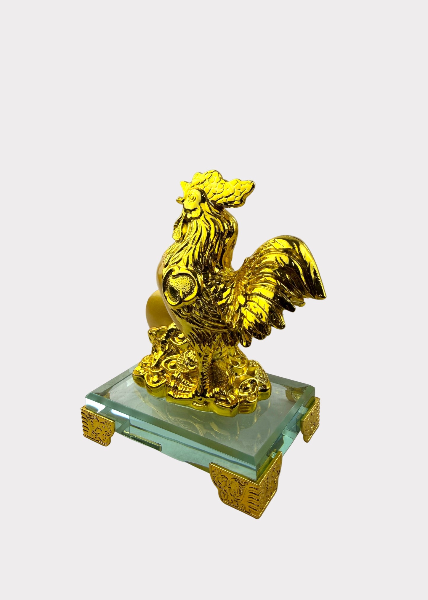 Golden Chinese Zodiac Rooster Figurine – Glass Base