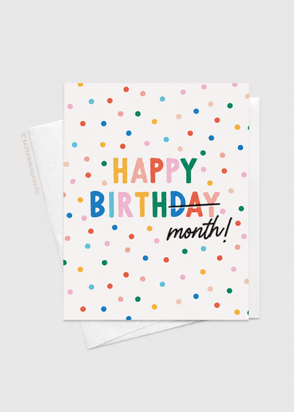Greeting card with colorful polka dots and 'Happy Birthday month!' text on a white background