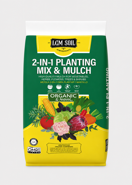 A bag of LGM Soil 2-in-1 Planting Mix & Mulch, Organic & Natural, featuring a green and yellow packaging design with illustrations of vegetables and a flower.
