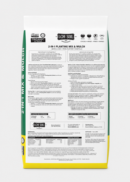 A bag of LCM Soil 2-In-1 Planting Mix & Mulch, shown from the back side. The packaging is white with green side panels, a yellow bottom band, and black text detailing product information, ingredients, and application instructions.