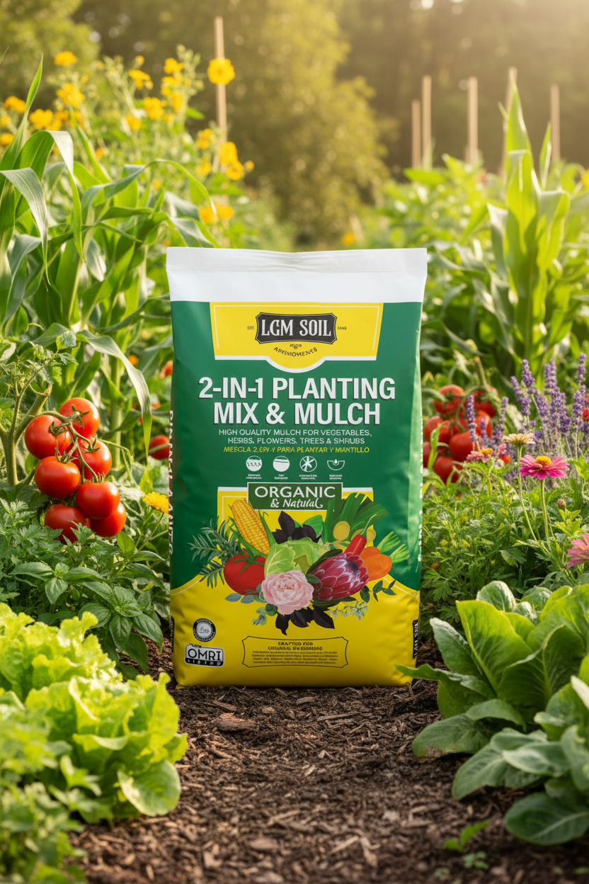 A bag of LGM Soil 2-in-1 Planting Mix & Mulch, Organic & Natural, featuring a green and yellow packaging design with illustrations of vegetables and a flower.