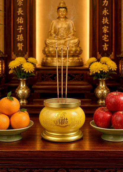 Yellow Jade Finish Incense Burner with Gold-Tone Metal Accents