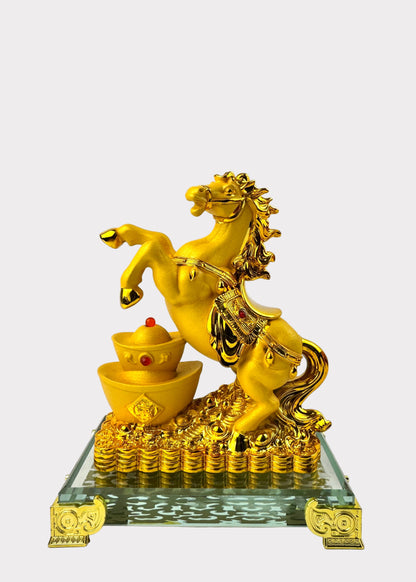 Golden Horse with Gold Ingots – Crystal Base Feng Shui Figurine for Wealth and Success