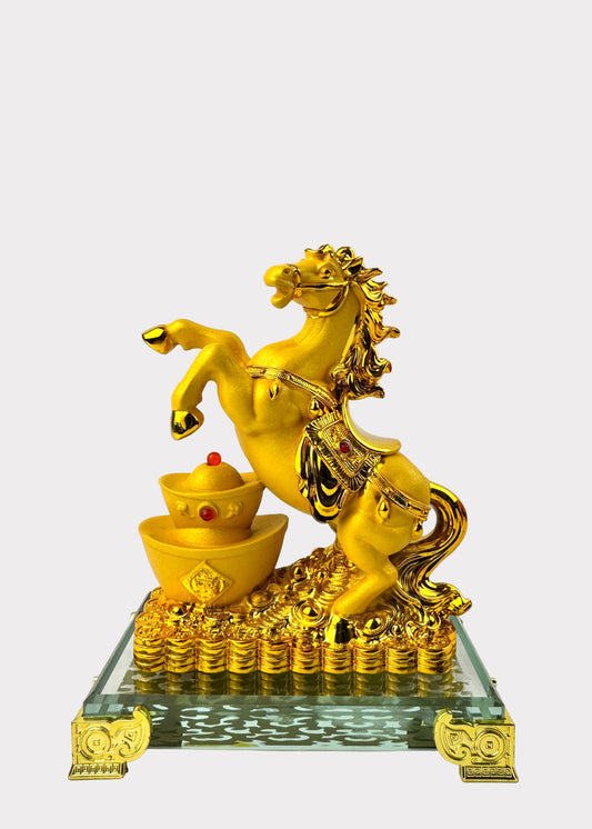 Golden Horse with Gold Ingots – Crystal Base Feng Shui Figurine for Wealth and Success