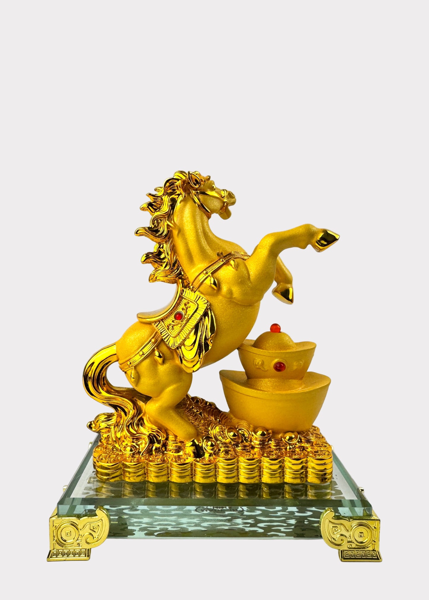 Golden Horse with Gold Ingots – Crystal Base Feng Shui Figurine for Wealth and Success