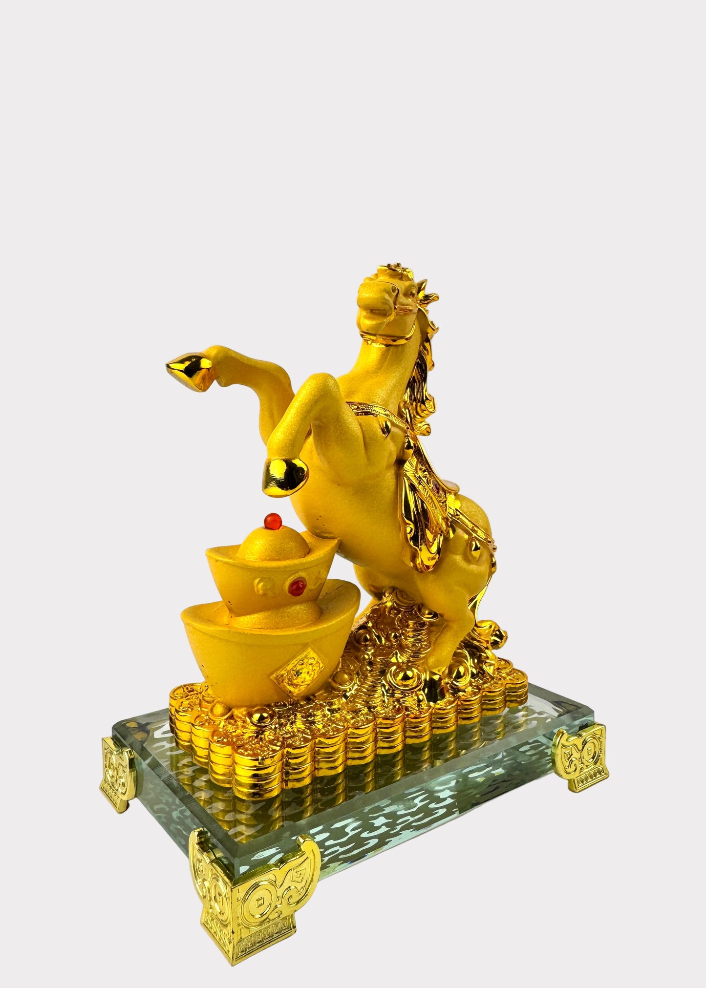 Golden Horse with Gold Ingots – Crystal Base Feng Shui Figurine for Wealth and Success