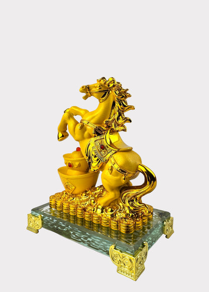 Golden Horse with Gold Ingots – Crystal Base Feng Shui Figurine for Wealth and Success